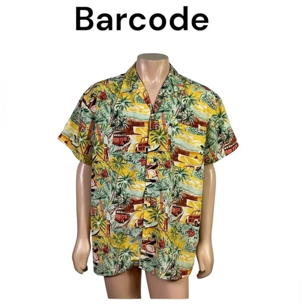Barcode Men's Yellow Tropical Hawaiian Resort Casual Button-Down Shirt Large